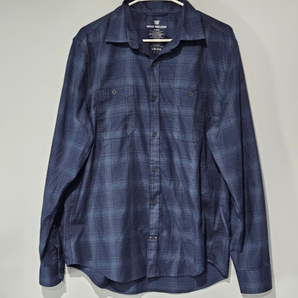 Mack Weldon Mens Tech Flannel Shirt Large Navy Blue Plaid CoolMax Merino Wool